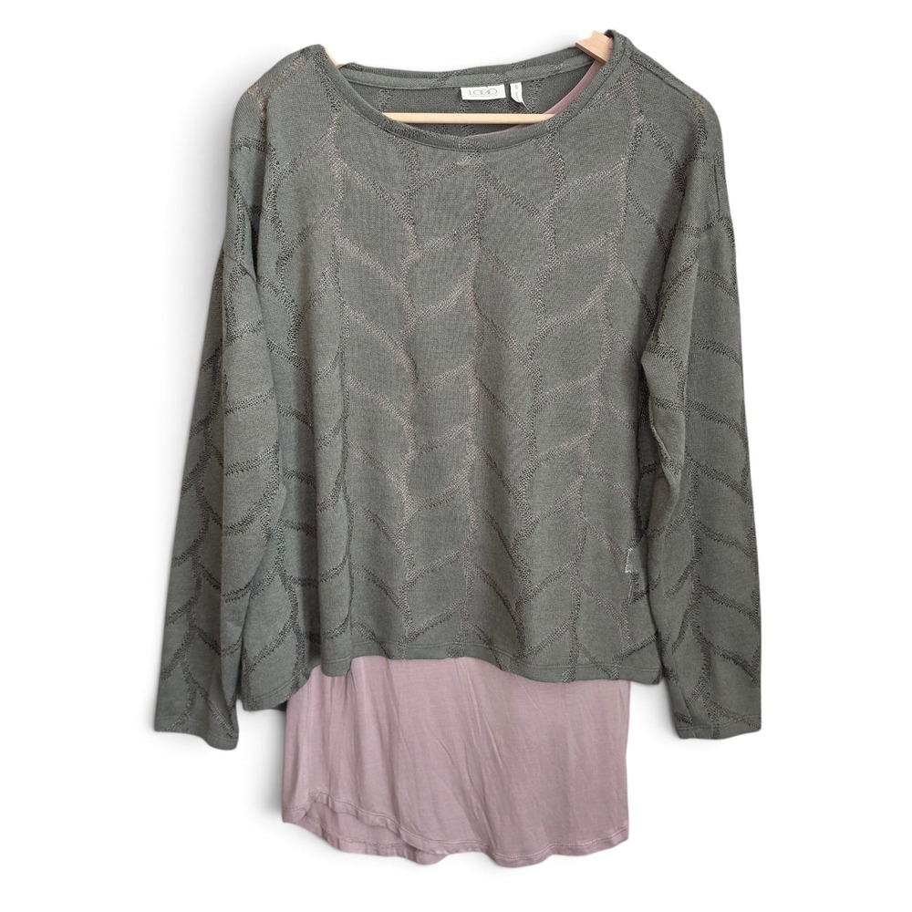 LOGO Lori Goldstein Top Womens Small Green Mauve Open Knit Layered Casual